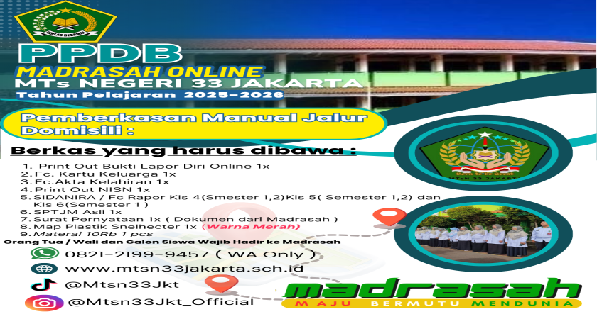PENGUMUMAN PPDB ONLINE MTsN33 JKT JALUR DOMISILI