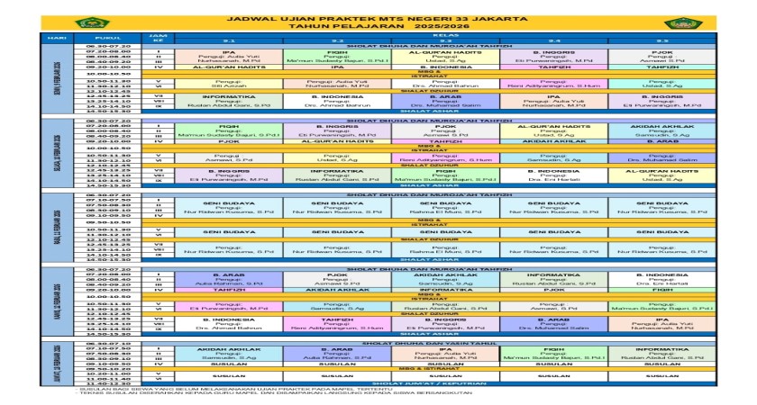 JADWAL UJIAN PRAKTEK KELAS 9 TAHUN 2025-2026